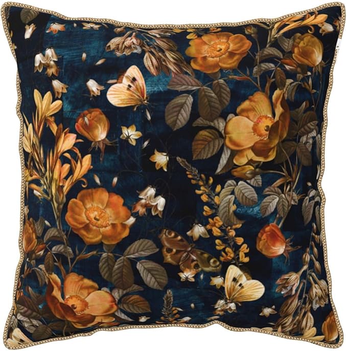 Vintage Floral Velvet Pillow Covers 18x18 Inch Blue Brown Leaf Flowers Throw Pillows for Couch Farmhouse Cushion Covers Pillowcase Butterfly Plant Leaves Pillow Cases for Sofa Bed Outdoor Decor