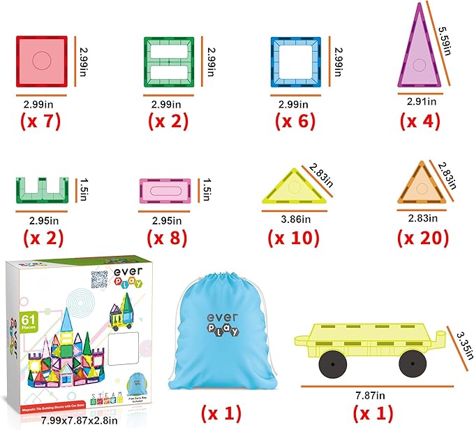 61pc Magnet Tile Building Blocks with Car Base Drawstring Carry Bag Magnetic Construction Toy Structure Build Magnets Toyset Preschool Montessori Toys for Sensory STEAM Education Age 3+ EP61
