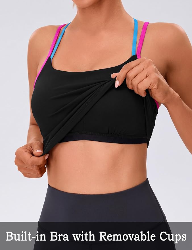BMJL Workout Tank Tops Women Color Block Built in Bra Tops Cross Back Gym Yoga Running Shirts