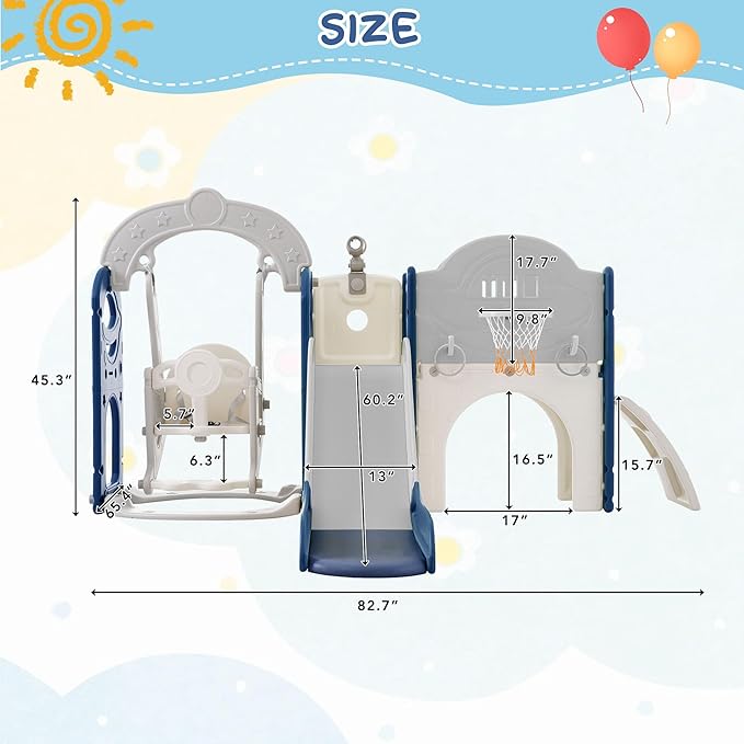 7-in-1 Kids Slide and Swing Set for Age 1-5 with Basketball Hoop Climbing Frame and Telescope,Indoor and Outdoor Playground Birthday Gifts for Boys Girls Grey+Blue