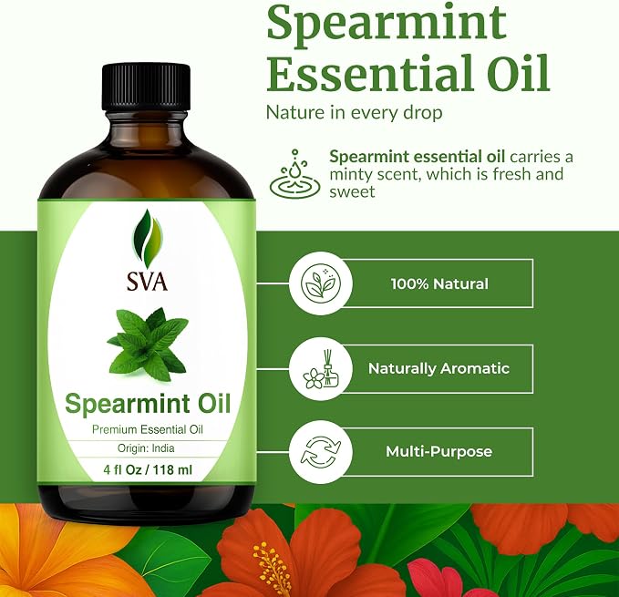 SVA Spearmint Essential Oil 4 Fl Oz – for Diffuser, Skin & Hair Care – Ideal for Massage & DIY Blends - with Dropper