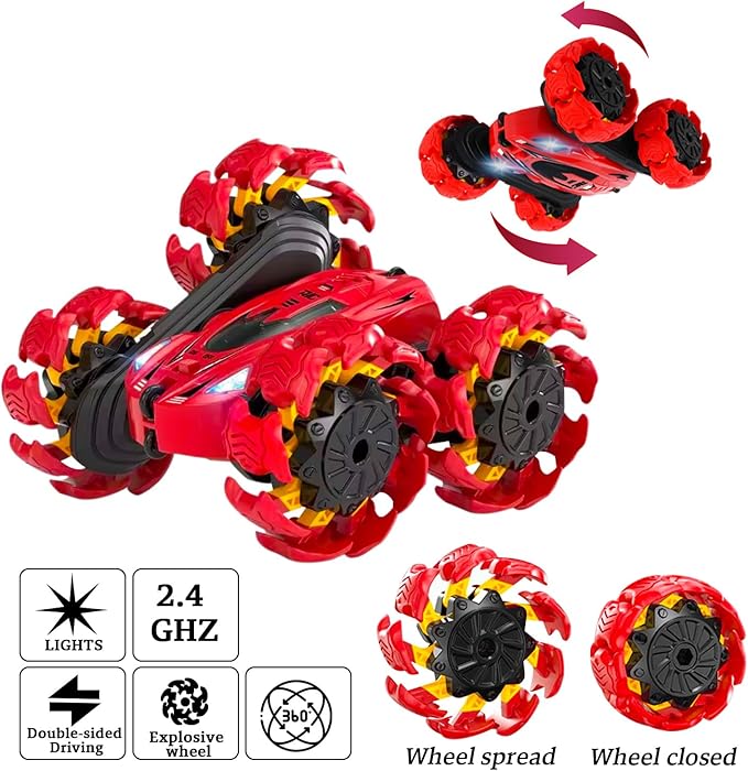 Remote Control Car, New Upgraded Double-Sided 360° Rotating RC Toy Cars with LED Headlights, 2.4GHz Rechargeable Electric Race Stunt Car with 4WD, Best Gift for 6-12 Year Old Boys and Girls (Red)