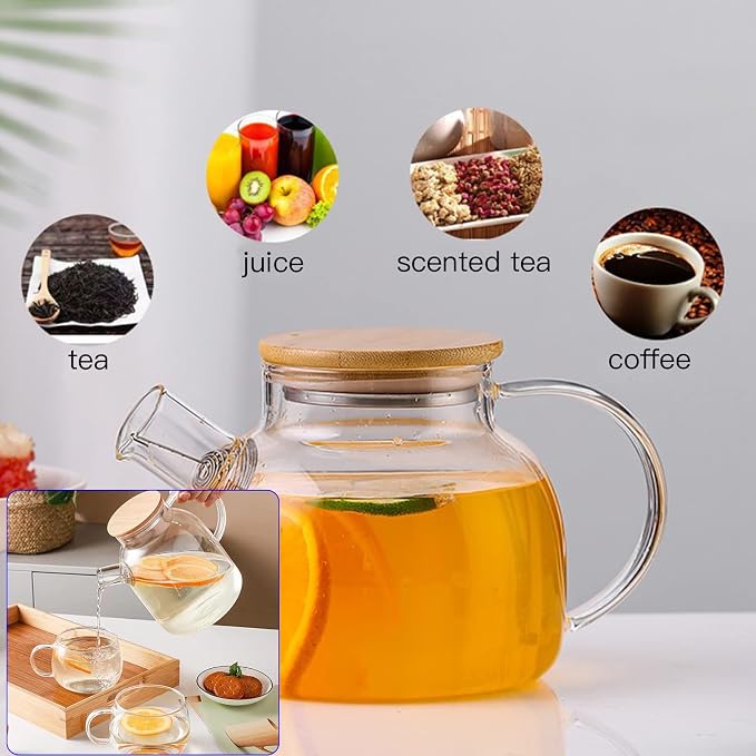 JOUALY Glass Teapot 34oz/1000ml, Stovetop & Microwave Safe Borosilicate Tea Pot,Clear Teapot with Strainer, Glass Tea Kettle with Wooden Lid for Loose Leaf、Fruit Tea and Fragrant Tea