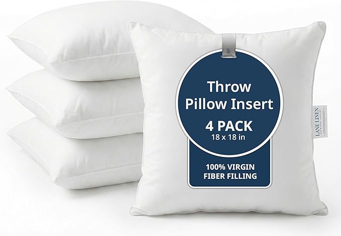 LANE LINEN 4 Pack 18x18 White Throw Pillow Inserts for Decorative Pillow Covers, Couch Pillows for Living Room, Fluffy Pillows for Bed | Solid White Inserts For Sofa Back Support - Fluffy Down Alternative Fill, Shape Retention, Everyday Home Decor Refresh