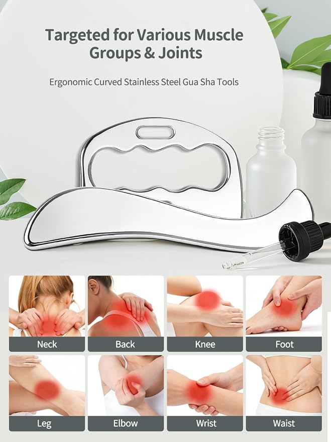3-in-1 Stainless Steel Gua Sha Massage Tool Set, Muscle Scraper & IASTM Tools for Soft Tissue Mobilization, Myofascial Release, Body Skin Massage, Physical Therapy Sore Muscle Relief with Travel Pouch