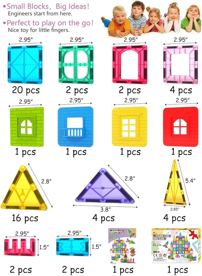Jasonwell Magnetic Tiles Kids Magnetic Blocks 60PCS Building Sets 3D Magnet Tile Building Blocks Toy Construction Educational STEM Toys Gifts for Toddlers Boys Girls 3 4 5 6 7 8 9 10 + Year Old