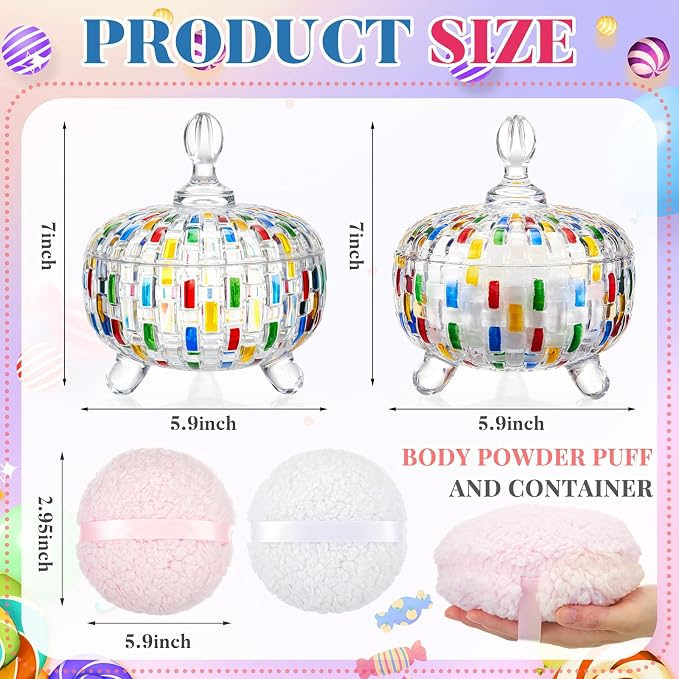 Tioncy 2 Set Extra Large Body Powder Puff and Container, 6'' Washable Vintage Decorative Crystal Powder & Container Gift for Bathroom Counter & Feminine Vanity Decor(Weave Design,Multicolor)