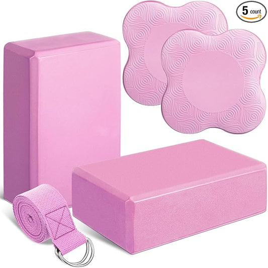 RoundFunny 5 Pcs Yoga Blocks Knee Pads Yoga Strap Set Soft Premium Foam Blocks Accessories for Pilates Meditation General Fitness Stability, Kneeling, Balance, Deepen Stretches and Toning
