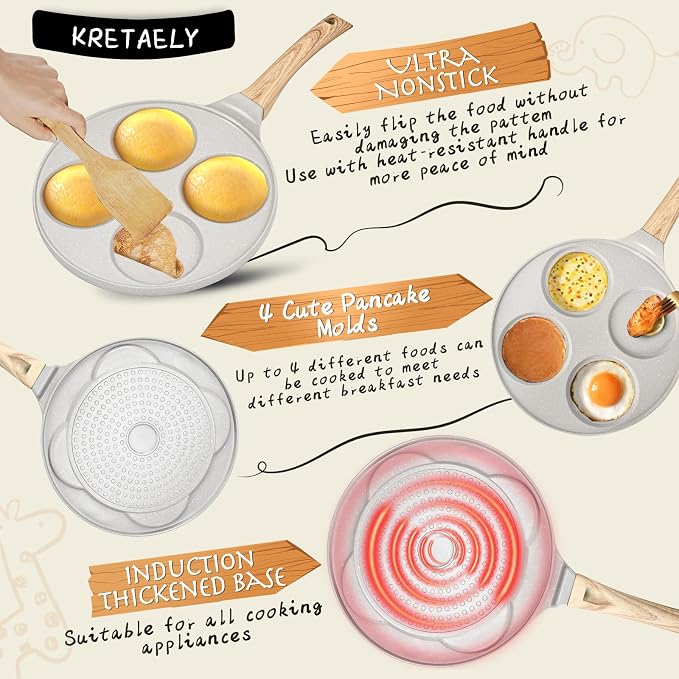 10.5" Pancake Pan Suitable for All Cooktops 4-Cup Pancake Maker 1-Pack | Beige, PFOA Free, 4-Cup, Mini Silver Dollar Gril, Stay-Cool Handle, Mini Pancake Pan