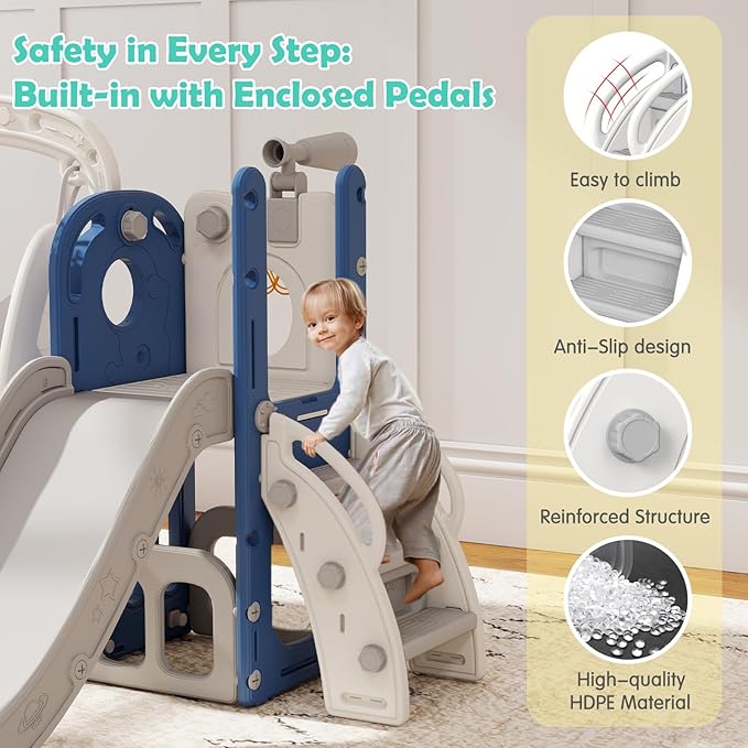 kinbor Toddler Swing and Slide Set - Indoor Outdoor Baby Slide for Toddlers 1-3, Toddler Playground with Basketball Hoop & Storage – Safe, Sturdy Kids Indoor Outdoor Playset, Blue
