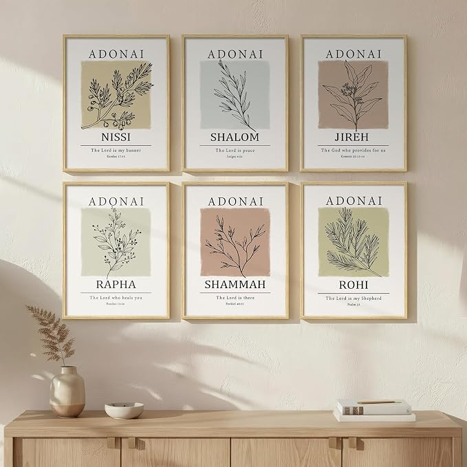 Framed Christian Bible Verse Neutral Wall Art, Minimalist Scripture Religious Canvas Prints, Faith Names of God Boho Botanical Leaf Artwork for Bedroom Living Room Office Hallway Wall Decor, 11x14 In