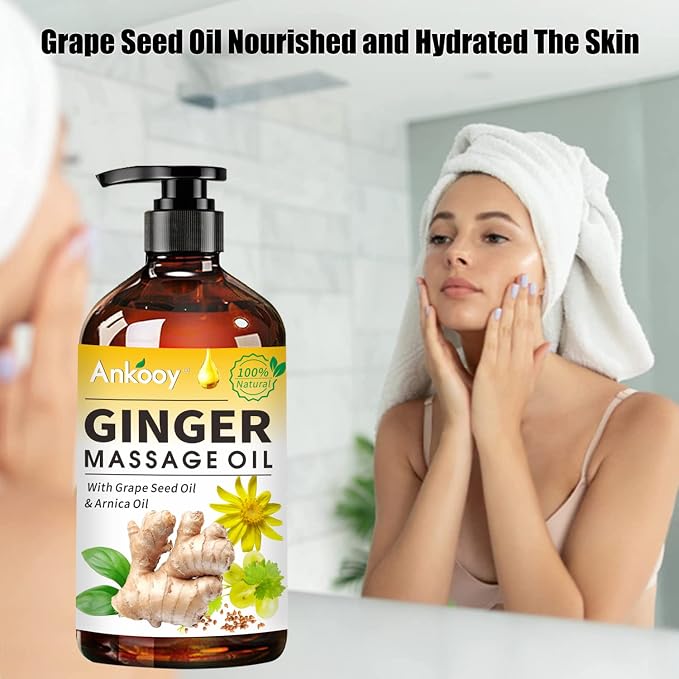 3 Pack Ginger Massage Oil with Arnica Oil,Vitamin E Oil and Grape Seed Oil,Ginger Oil for Lymphatic Drainage,100% Natural Ginger Essential Oil for Warming and Relaxing