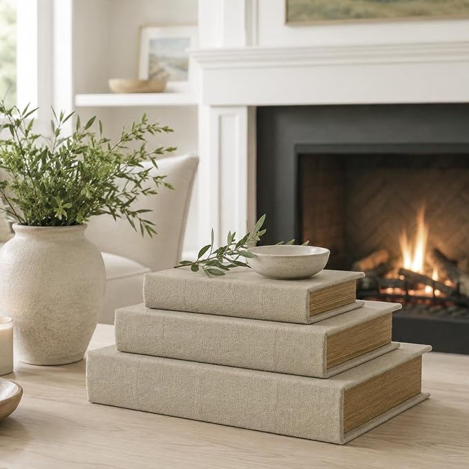 Decorative Book Boxes Set of 3,Modern Faux Linen Hidden Storage, Warm Taupe | For Coffee Table – Stackable Fake Books for Shelf Decor, Remote Control & Jewelry Organizer