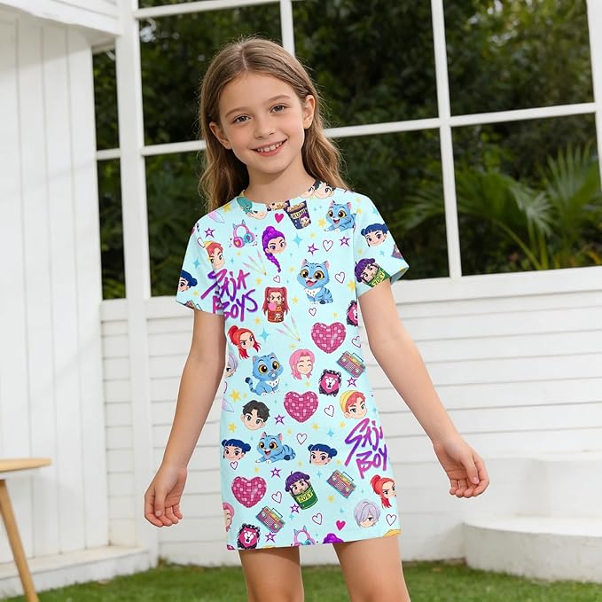 Girl's Anime K-POP Graphic Long Dress T-Shirt - Casual Loose Fit Short Sleeve Top