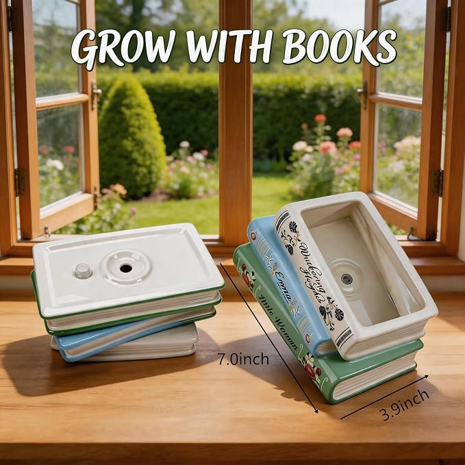 Book-Shaped Decorative Planter Pot - Unique Plant Vase & Bookshelf Desktop Office Decor for Book Lovers|Ceramic Planter with Drainage| Gift for Plant Lovers, Home Decor Enthusiasts