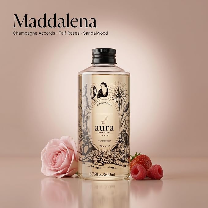 A U R A - Maddalena Fragrance Oil for Waterless Scent Diffuser - Inspired by J. Malone Tudor Rose | 6.7 fl oz / 200 ml Essential Oil Blend for Aromatherapy & Hotel Collection Diffuser