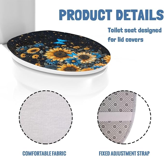 Butterfly Toilet Seat Cover with Elastic Band Sunflower Toilet Seat Dust Cover Soft Bathroom Replacement Butterflies Universal Fit Elongated Oval Round Lid Easy to Clean