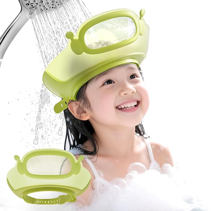 FUNUPUP Baby Shower Cap Toddler Hair Washing Shield Adjustable Bath Visor for Kids Shampoo Hat with Eyes Ears Cover 1-15 Years Boys Girls Essentials for Bath Time, Green