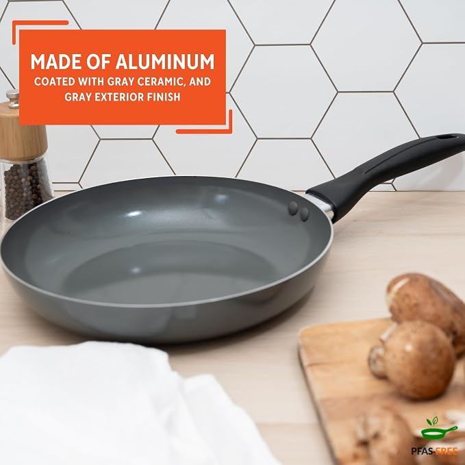 IMUSA 9.5 Inch Chef Cera Aluminum Ceramic Fry Pan with Glass Lid, Gray | Ceramic Nonstick Coating, Glass Lid with Cool-Touch Handle, For Sautéing, Stir-Frying, Everyday Cooking