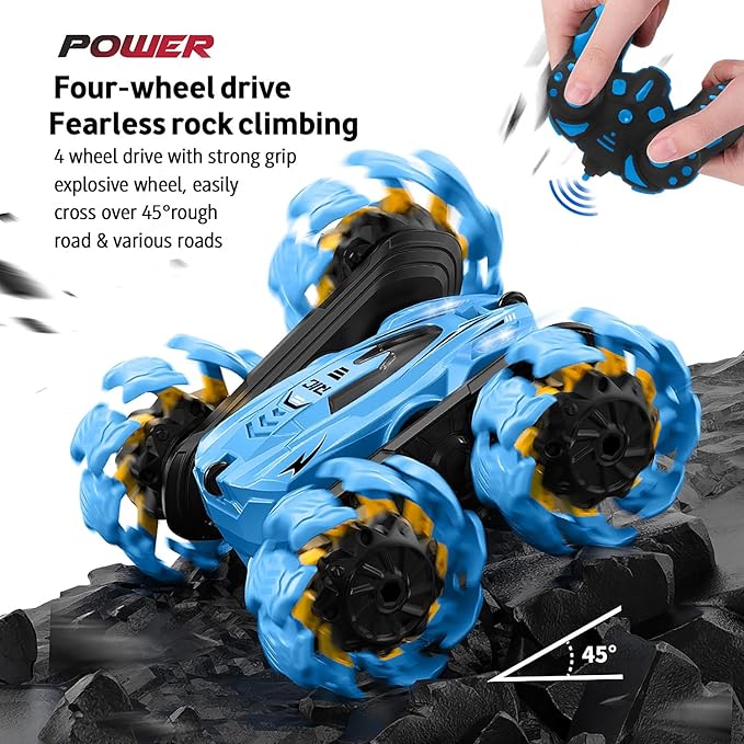 Remote Control Car, New Upgraded Double-Sided 360° Rotating RC Toy Cars with LED Headlights, 2.4GHz Rechargeable Electric Race Stunt Car with 4WD, Best Gift for 6-12 Year Old Boys and Girls (Blue)