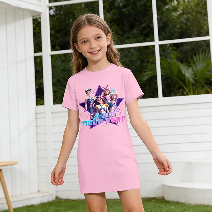 Girl's Anime K-POP Graphic Long Dress T-Shirt - Casual Loose Fit Short Sleeve Top