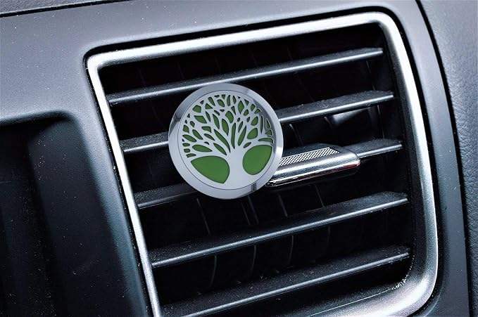 Wild Essentials Tree of Life Car Vent Diffuser Kit – 316L Stainless Steel Locket, Rubber-Coated 4-Way Clip, 8 Color Pads (22mm), 25mm – Includes Alert & Inner Calm (2 x 10ml)