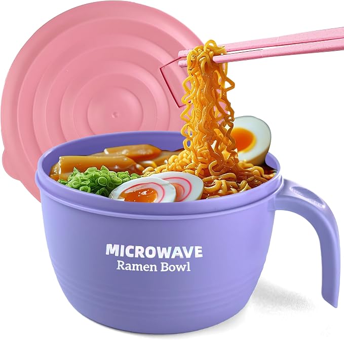 Layron Ramen Cooker Bowl - 45 oz Microwaveable Noodle Bowl Ramen in few Minutes- BPA Free and Dishwasher Safe Set with Chopsticks Perfect for Dorm, Small Kitchen, or Officee (purple)