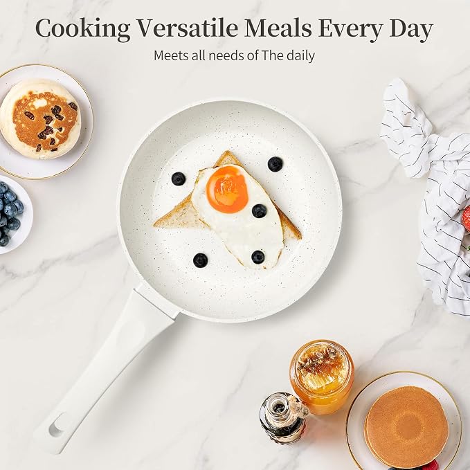 Innerwell 8-Inch Nonstick Frying Pan Small Egg Pan Skillet | Even Heating All Stove Compatible, PFOA PFOS Free, Granite Stone Cookware Skillet, Healthy and Non Toxic,White