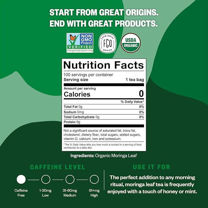FGO Organic Moringa Tea, 100 Count, Eco-Conscious Tea Bags, Resealable Bag, Caffeine Free, Packaging May Vary (Pack of 1)