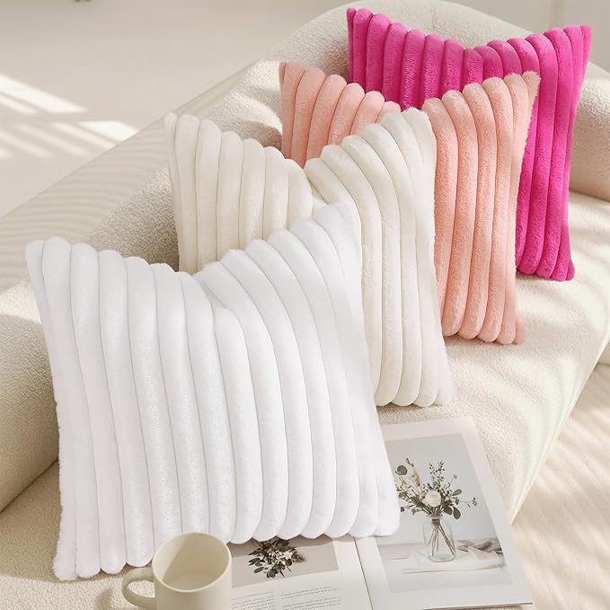 decorUhome Fall Faux Fur Throw Pillow Covers 20x20 Set of 2 Blush Pink | Decorative Soft Cozy Striped Plush Modern Farmhouse Boho Couch Pillow Cases Velvet Back for Sofa Bed Living Room Home Decor