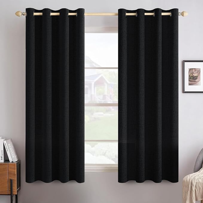 MIULEE Linen Texture Curtains for Bedroom Solid 100% Blackout Thermal Insulated Halloween Black Curtains Grommet Room Darkening Drapes for Living Room 52x45 Inch (2 Panels)