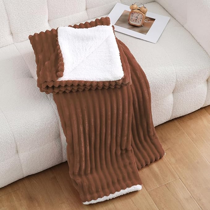 Chocolate Sherpa Fleece Throw Blanket 50”×60” for Couch Sofa Bed | Double Side Soft Fuzzy Cozy Plush Thick Flannel Blanket with Striped Design Gift for Adults,Woman