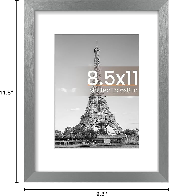 upsimples 8.5 By 11 Picture Frame, Display Pictures 6x8 with Mat or 8.5 x 11 Without, Wall Hanging Photo Frames, Metallic Gray, 1 Pack