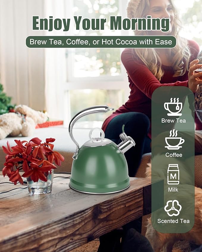 Harriet Tea Kettle Stovetop, 2.5 Quart Whistling Stainless Steel Tea Pot, 3-Layer Base, Unique Ergonomic Handle, Includes Pot Holder & Mat, Electric/Induction/Gas Stovetops Applicable, Green