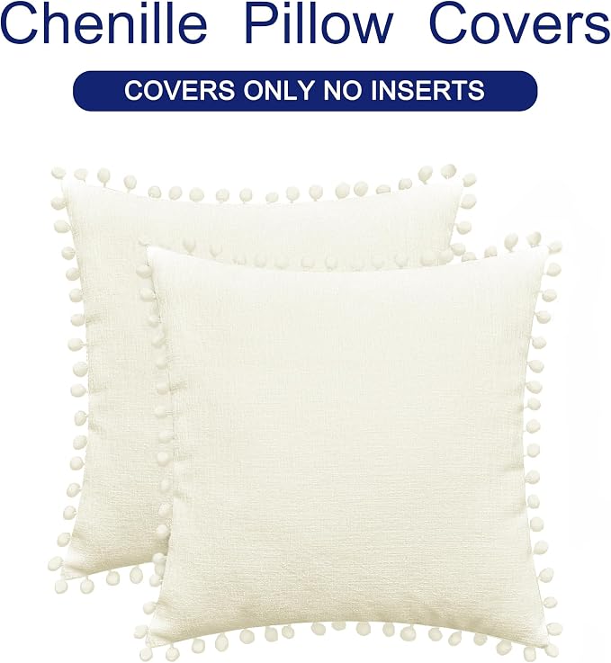 CaliTime Decorative Couch Throw Pillow Covers 22 X 22 Inches Cream | Pack of 2, Cozy Chenille Cushion Cases, with Pom Poms for Sofa Bed Living Room Farmhouse Home
