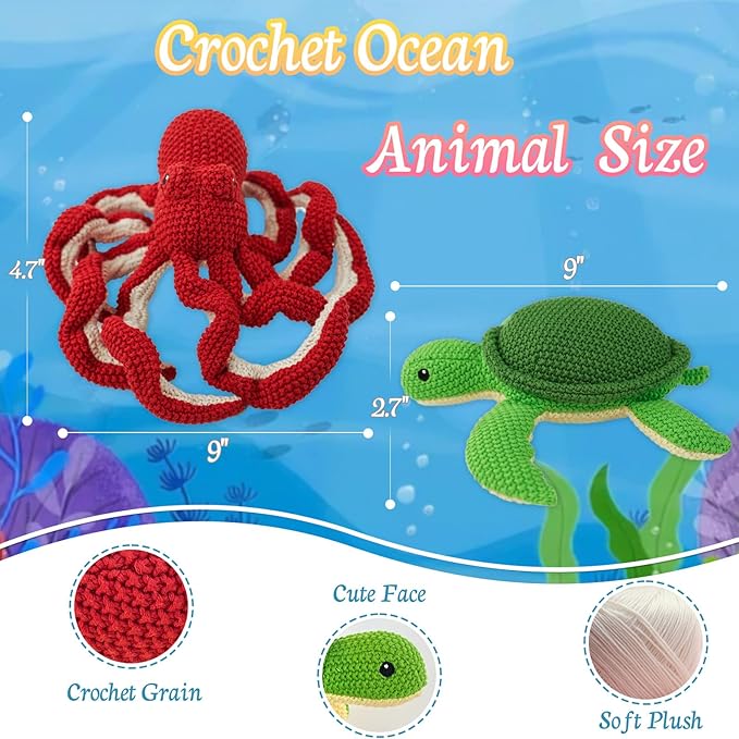 Crochet Stuffed Animals 2-Pack (Octopus & Sea Turtle), 9 Inches Soft Cotton Ocean Plush Toys, Hand-Crocheted Sea Plushies, Birthday for Boys Girls Kids & Adults