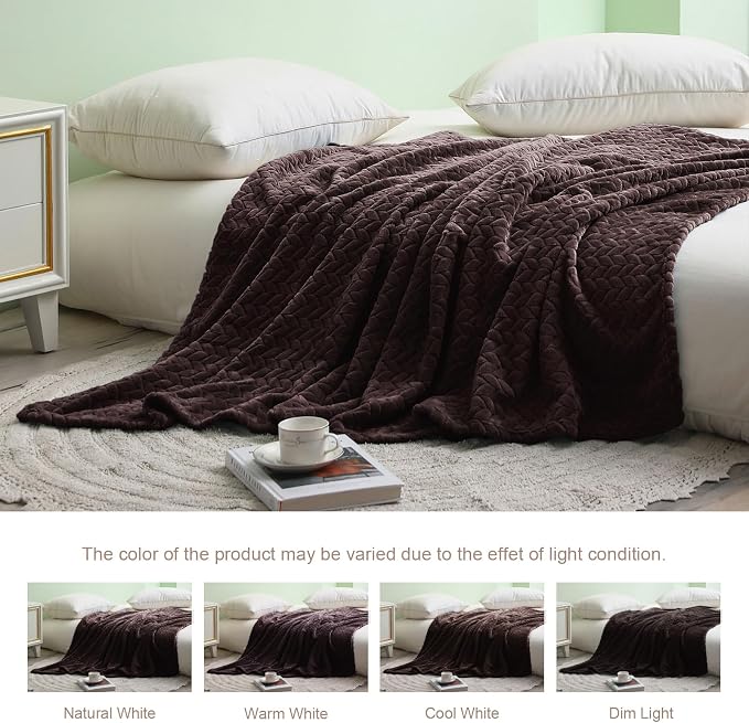 Exclusivo Mezcla Soft Fleece Bed Blanket Queen Size, 90”x90”, Coffee | Cozy Fluffy Lightweight Blankets for Summer, Decorative Plush Flannel Throws for Living room, Bedroom with Leaves Pattern