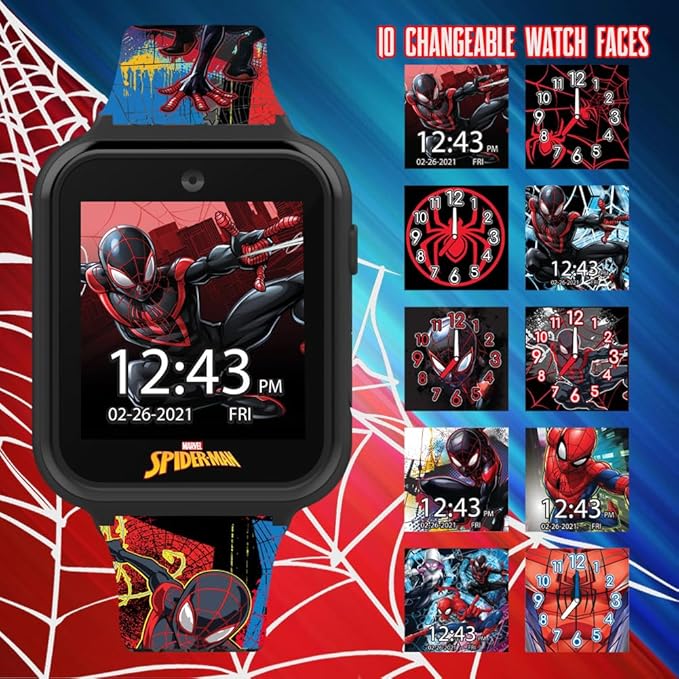 Spider-Man Kids LED Smartwatch with 10 Watch Faces, Flashing LED Bezel, Step Counter, Selfie and Video Camera, Timer, Stopwatch, Alarm, Calculator, Fun Games, and 3 Wallpapers – Fits Wrists 5.5"-8.0"