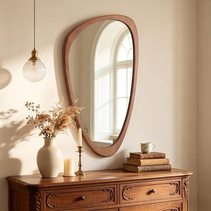 Asymmetrical Mirror, Irregular Wall Mirror, Wall Mirrors Decorative for Bedroom Living Room Entryway Hall, Wood Mirror for mid Century Modern Decor 36" H x 23" W