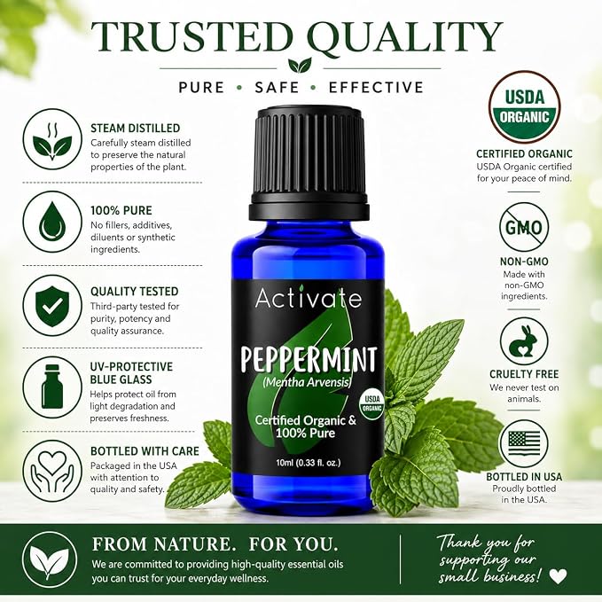 Activate USDA Organic Peppermint Essential Oil, 100% Pure Steam Distilled Mentha Arvensis, Premium Aromatherapy Oil for Diffusers, Massage, DIY Soap, Candles, Bath & Home Fragrance, 10 mL