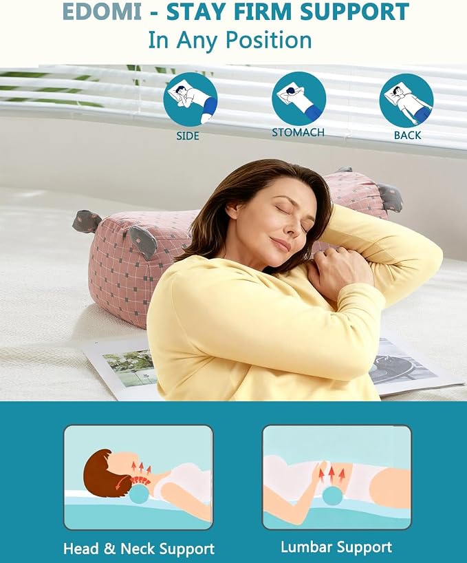 Adjustable Buckwheat Neck Roll Pillow,16.5"x6.3" Firm Cylinder Bolster for Lumbar Support, Pain Relief for Yoga Sleeping Recliner Use with Dot Plaid Pillowcase,Pink