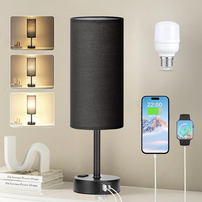 Fenmzee Black Bedside Lamp for Bedroom, Dimmable Touch, USB A+C, AC Outlet | 3-Way Dimmable, LED Bulb Included, USB C+A Charging Ports, Black Fabric Lampshade, Metal Base, 14in Small Table Lamp