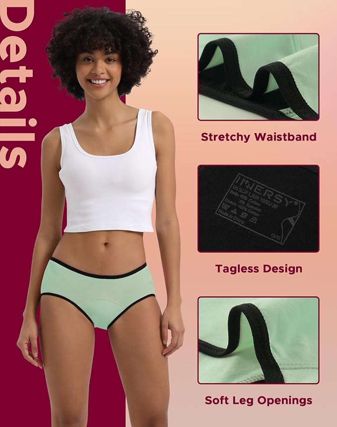INNERSY Period Underwear for Women Teens Leak-Proof Menstrual Cotton Protective Hipster Panties 3-Pack