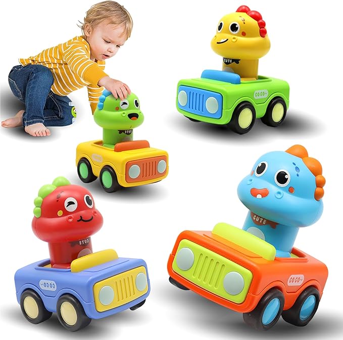 Pbooo Press to Go Toddler Toy Cars, Dinoaur Car Toys for Toddlers 1-3, Kids' Play Vehicles and Race Cars, Push Go Cars for 6-12-18 Month, Ideal Christmas and Birthday Gift for 1-2 Year Old Kids