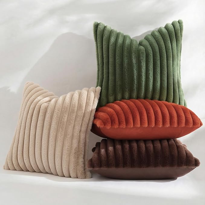 decorUhome Fall Faux Fur Throw Pillow Covers 22x22 Set of 2 Dark Brown | Decorative Soft Cozy Striped Plush Modern Farmhouse Boho Couch Pillow Cases Velvet Back for Sofa Bed Living Room Home Decor