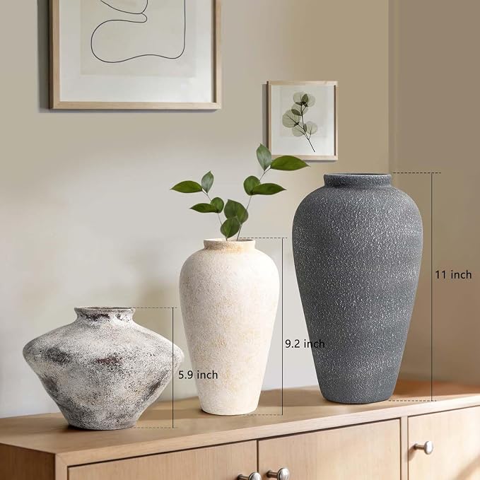 Large Ceramic Rustic Vase 11 Inches, YBX White Ceramic Flower Vase for Centerpieces, Decorative Farmhouse Tall Vase for Home Decor, Living Room, Bedroom, Hallway, Wedding, Table Decorations, Beige