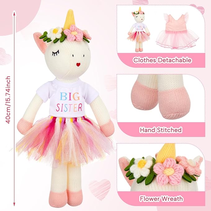 Big Sister Gift for Girls 17 Inches Unicorn Stuffed Plush Doll Short Sleeve Top and Colorful Tutu Skirt Gifts for Girls Toddler
