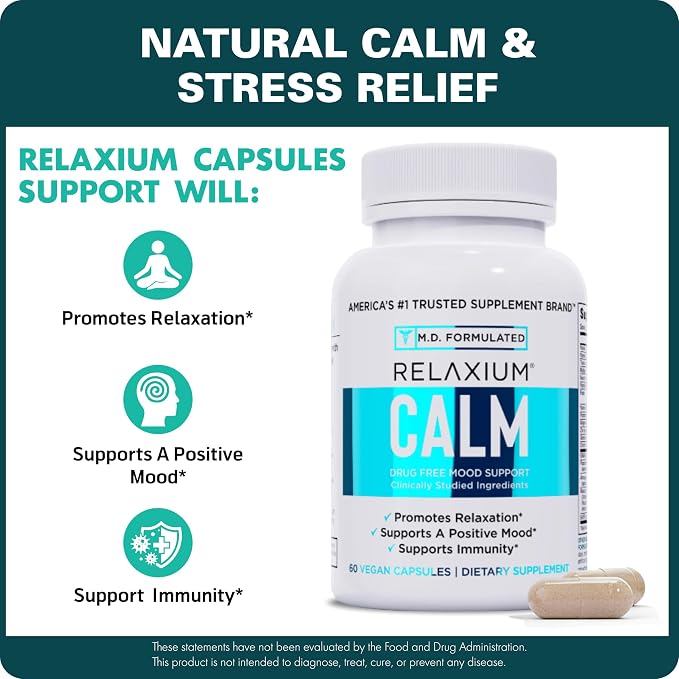Relaxium Calm - Stress, Mood + Immune Support Supplement, Non-Habit Forming with Ashwagandha, 5-HTP & GABA, Mushroom Blend. Made in USA, 60 Capsules