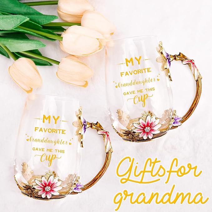 OEAGO Grandma Gifts from Granddaughter Tea Cup Birthday Grandparent Gifts Mothers Day Enamel Flower Glass Mugs from Grandkids Grandchildren