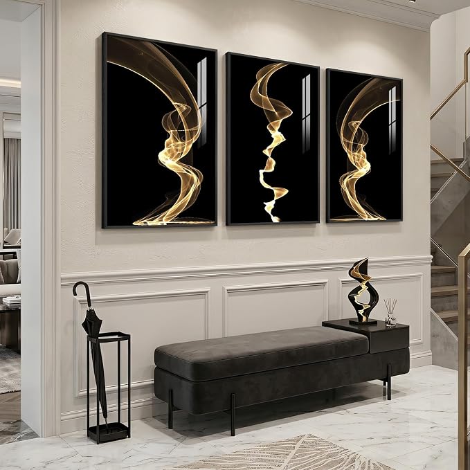 3 Piece Large Framed Abstract Wall Art for Living Room, Black and Gold Modern Artwork for Walls, Contemporary Luxury Bright Style Pictures Prints Paintings for Hallway Office Wall Decor 24x36 Inch